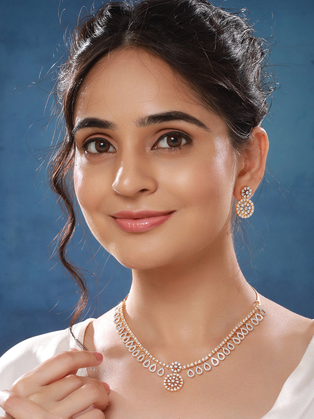 Gold Toned AD Studded  Floral Drop Minimal  Jewellery Set